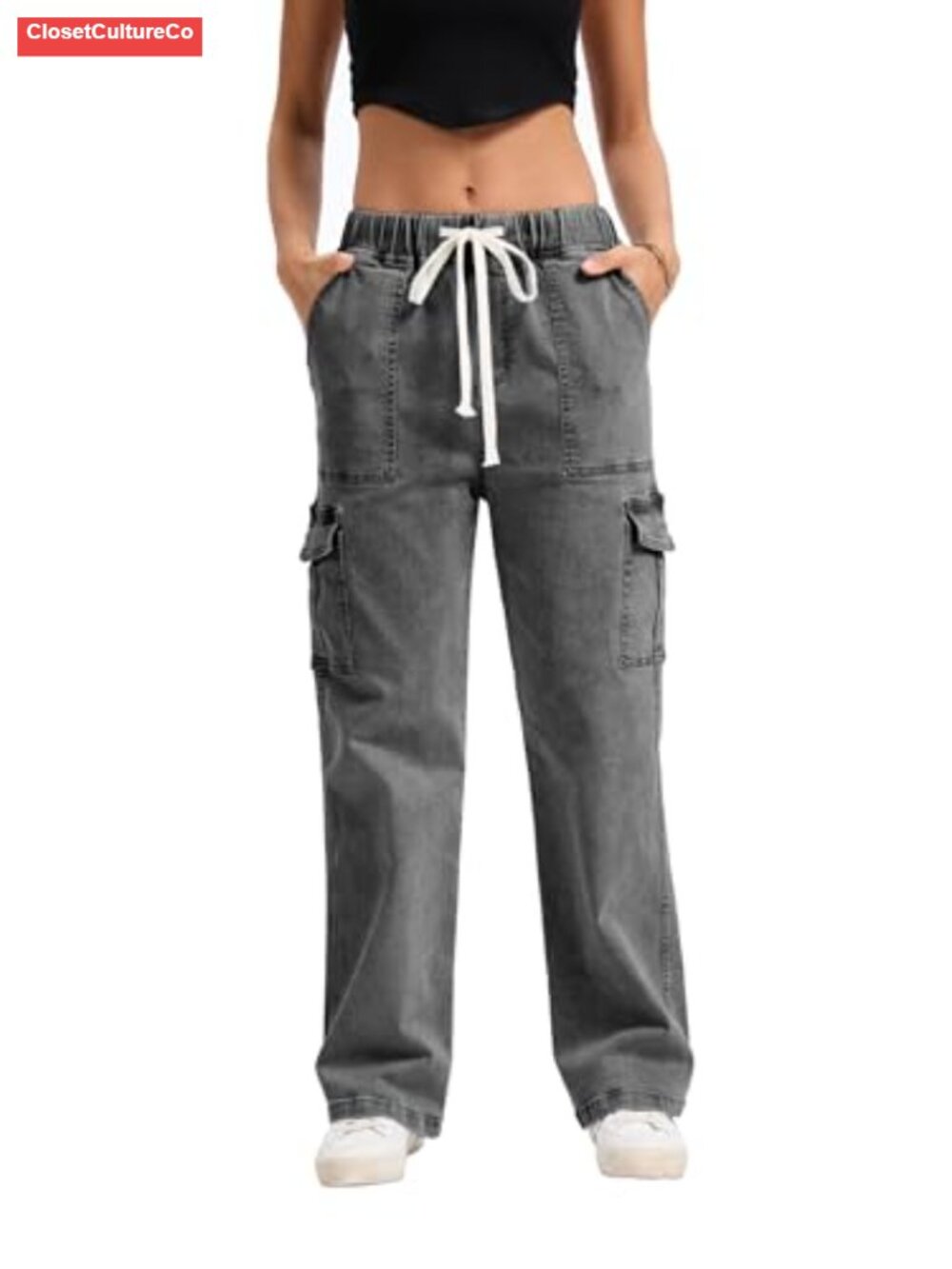 Women's Elastic Waist Cargo Jeans Drawstring Stretch Denim Pants Ankle